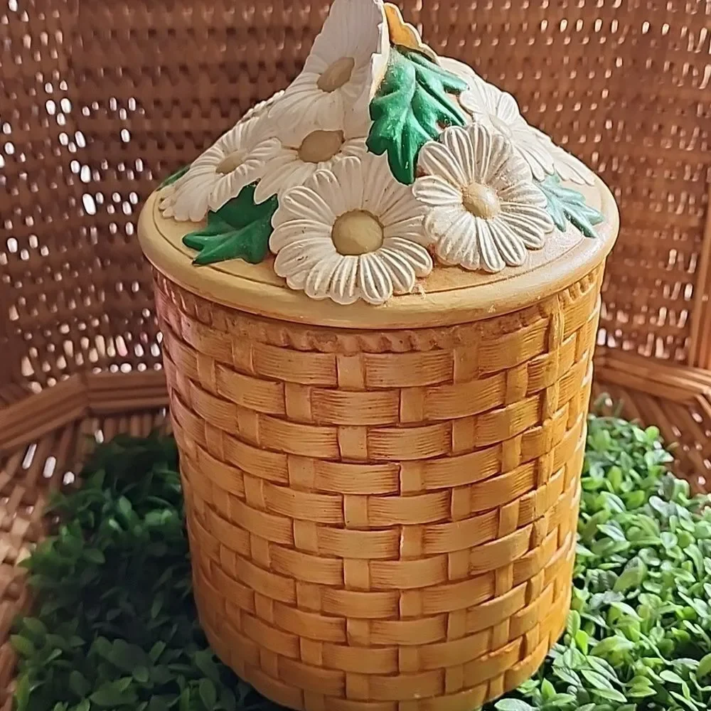 Vintage 70's Set Of 4 Daisy & Basket Weave Ceramic Canisters